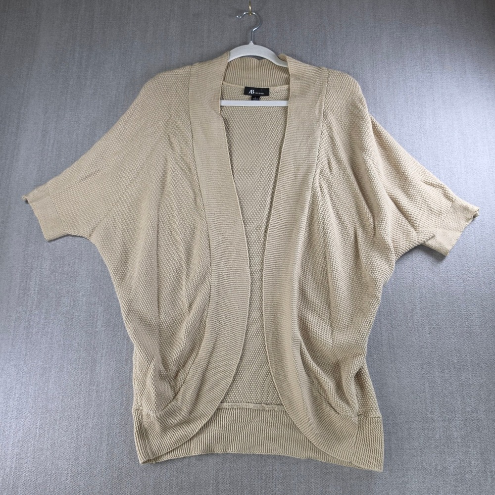 AB Studio Cardigan Women Large Tan Beige Short Sleeve Dolman Textured Open Front